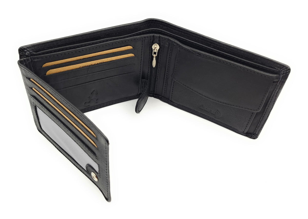 Jockey Club Basic Geldbörse aus Rindleder mit RFID-Schutz, Reißverschlussfach, 6 Kartenfächern, 2 Sicht- & 2 Einsteckfächern, Münzfach & Doppelnaht schwarz