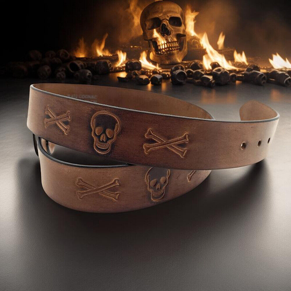 Ledergürtel Totenkopf Büffelleder – Herren & Damen, 40mm, individuell kürzbar, braun