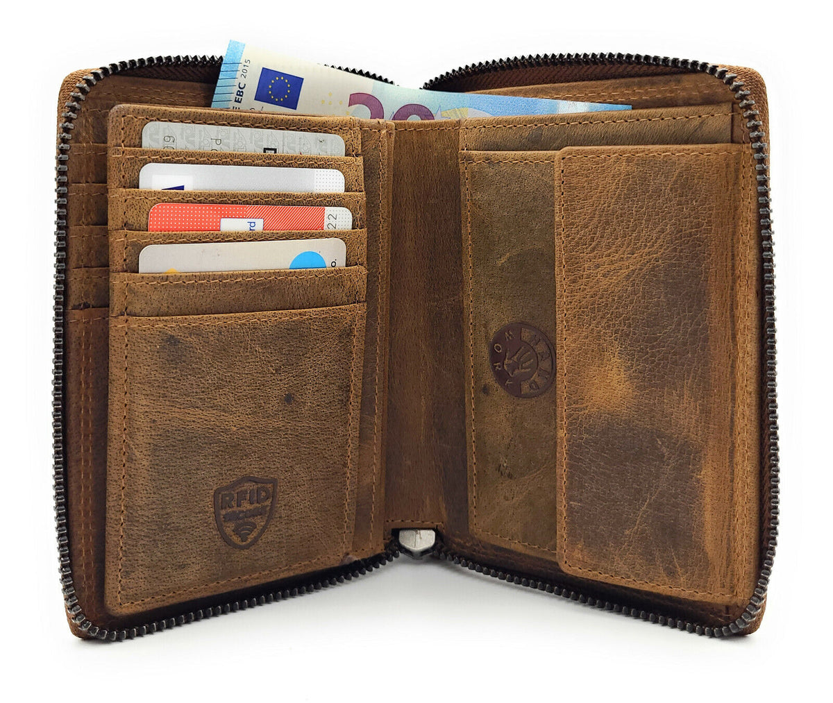 Jockey Club Leder Geldbörse mit RFID-Schutz – Büffelleder Vintage Braun