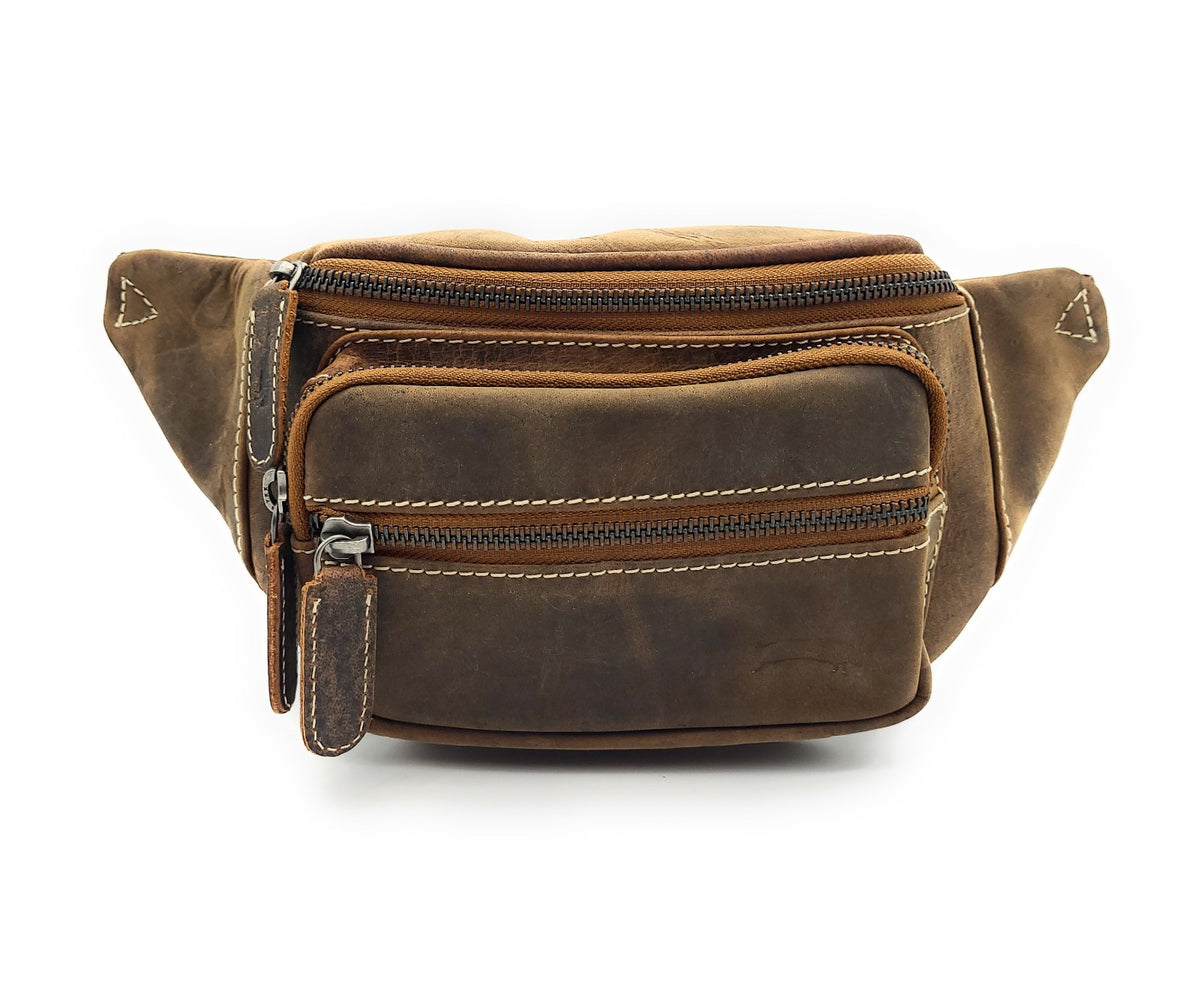 Ven Tomy Bauchtasche aus Hunterleder – robuste Leder-Gürteltasche mit 4 Fächern & verstellbarem Hüftgurt, Metallreißverschlüsse
