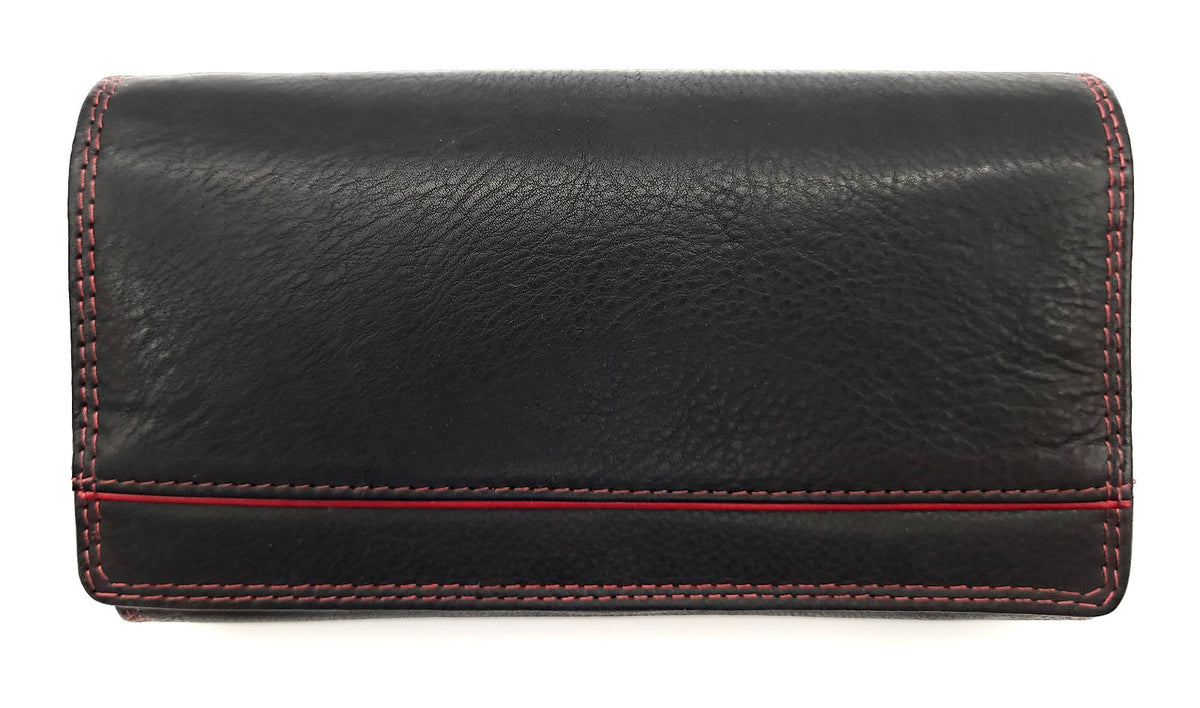 Jockey Club Echt Leder Damen Geldbörse RFID Schutz – Portemonnaie Bicolor Schwarz/Rot – Viele Fächer, Druckknopf, Reißverschluss, großes Münzfach