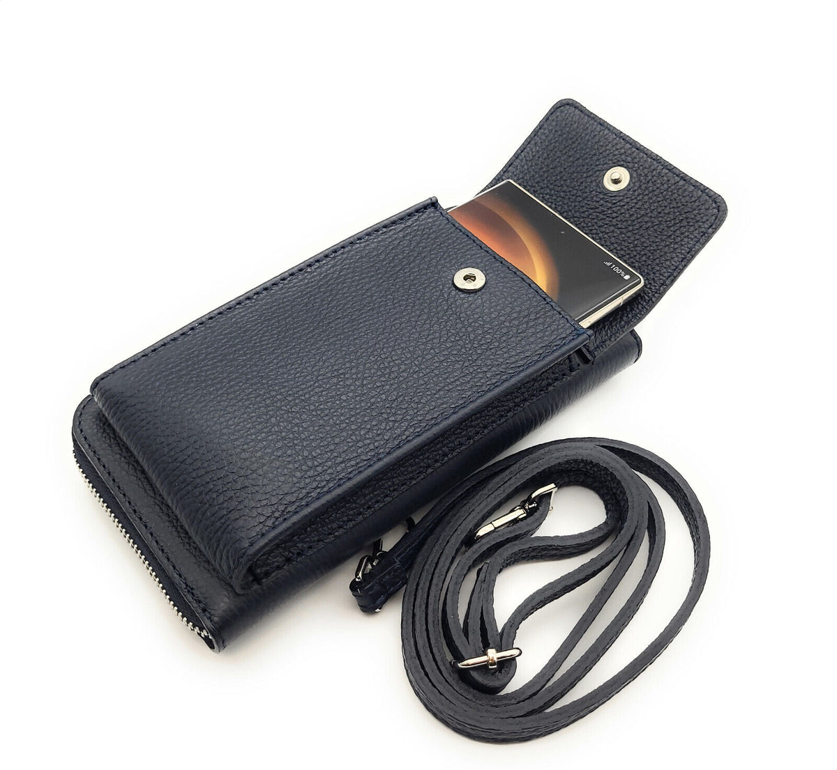 echt Leder Handybörse Smartphonetasche Geldbörse Umhängetasche made in Italy navy blau