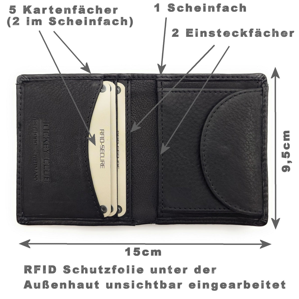 Jockey Club Mini-Geldbörse Rindnappaleder Schwarz mit RFID-Schutz