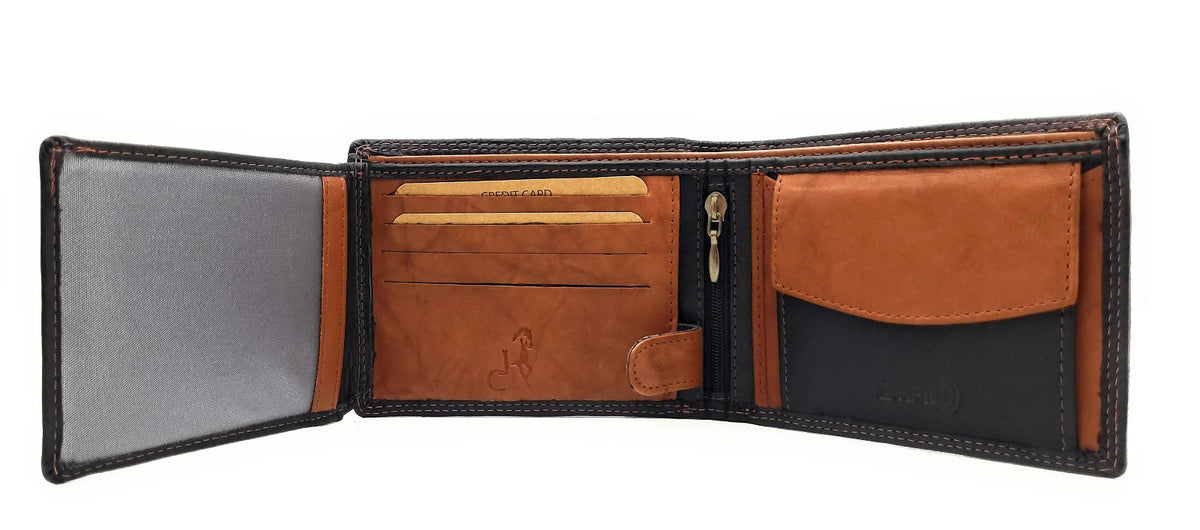 Jockey Club Basic Geldbörse aus Rindleder mit RFID-Schutz, Reißverschlussfach, 6 Kartenfächern, 2 Sicht- & 2 Einsteckfächern, Münzfach & Doppelnaht schwarz braun