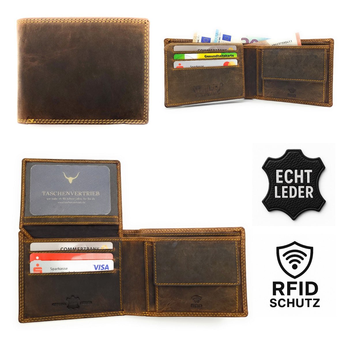 Hunterleder Portemonnaie Querformat mit RFID-Schutz – 6 Kartenfächer, Münzfach, Doppelnaht braun