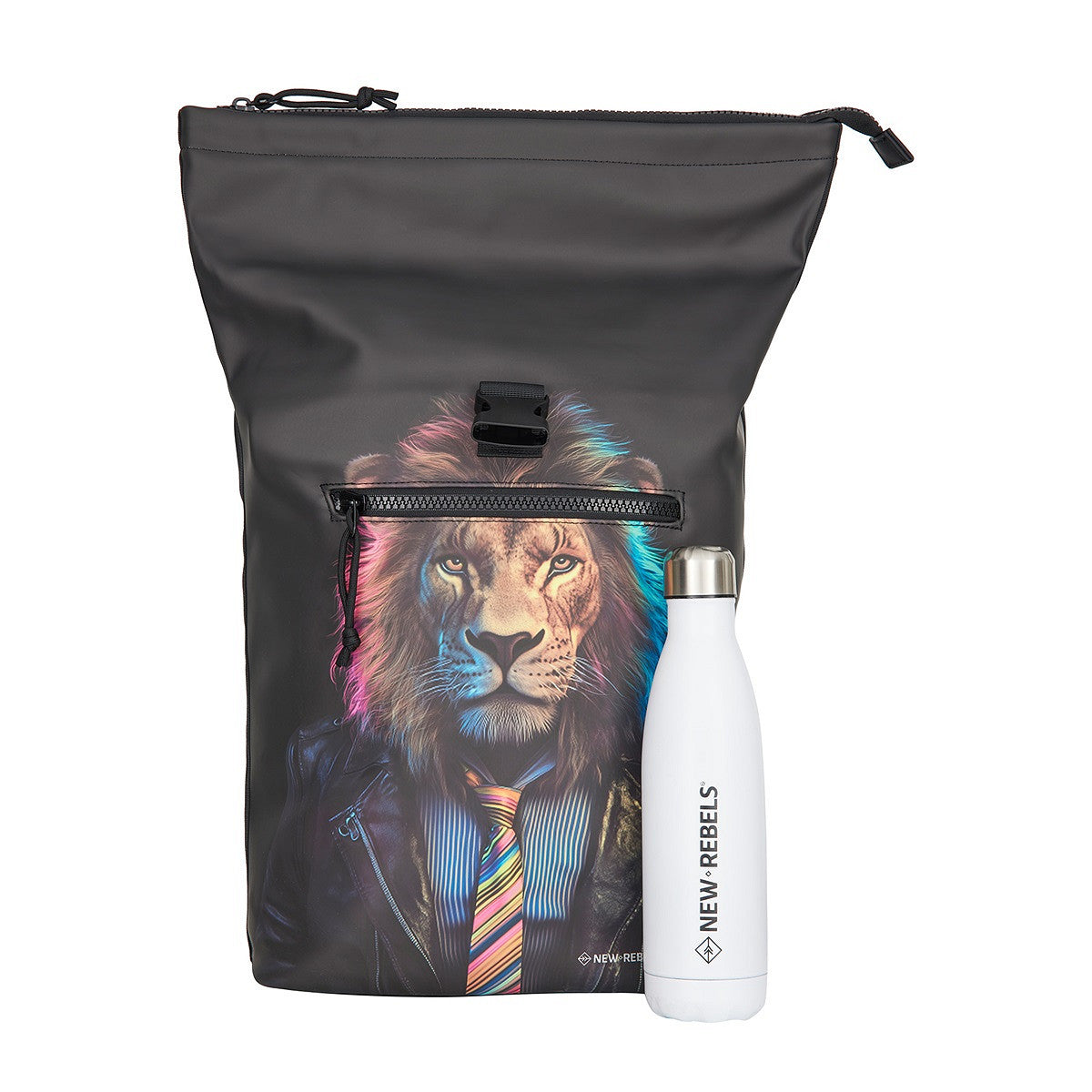 New Rebels New York Löwen Rucksack – Rolltop, wasserabweisend, 15" Laptopfach