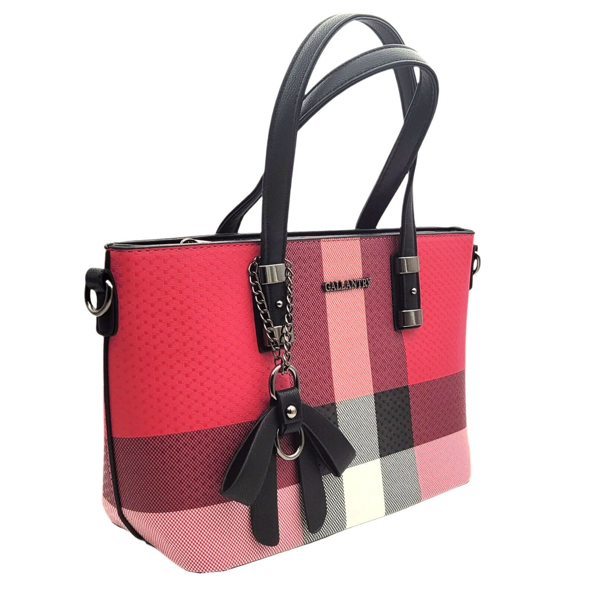 Elegante Damen Handtasche in Fuchsia | Kariert mit Schulterriemen