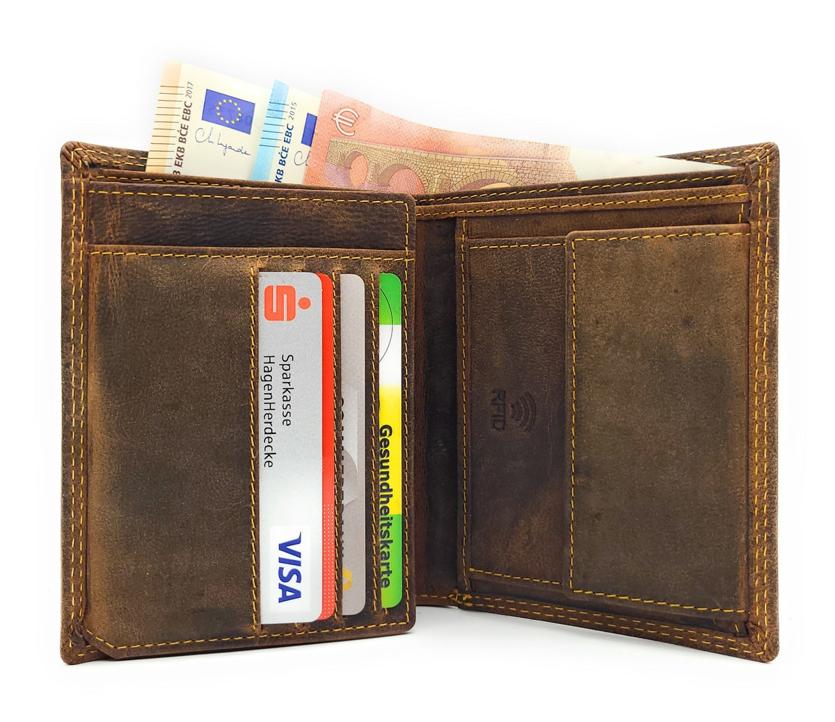 Hunterleder Portemonnaie Hochformat mit RFID-Schutz – 7 Kartenfächer, Münzfach, Doppelnaht braun