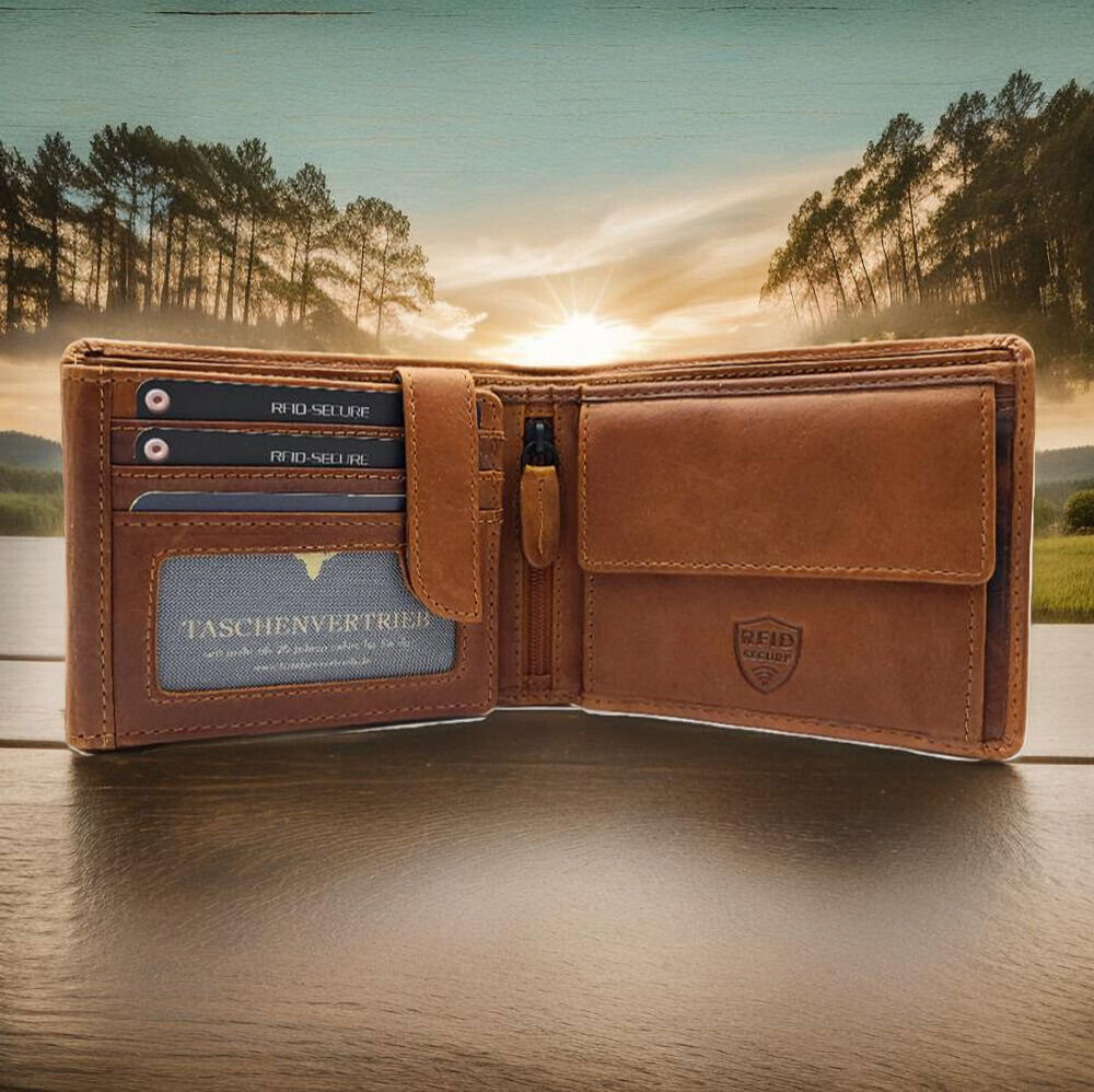 Jockey Club klassische echt Leder Geldbörse Portemonnaie mit RFID Schutz gewachstes Rindleder cognac