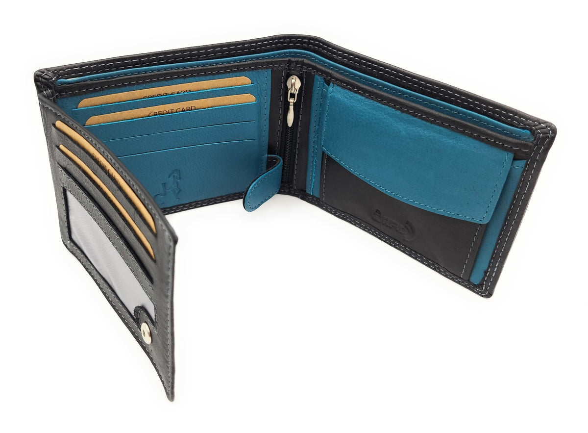 Jockey Club Basic Geldbörse aus Rindleder mit RFID-Schutz, Reißverschlussfach, 6 Kartenfächern, 2 Sicht- & 2 Einsteckfächern, Münzfach & Doppelnaht schwarz petrol