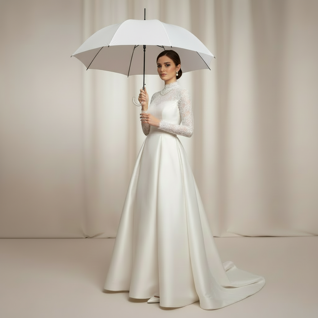 Hochzeitsschirm Weiß Ø105cm – Automatik Stockschirm für Braut & Damen