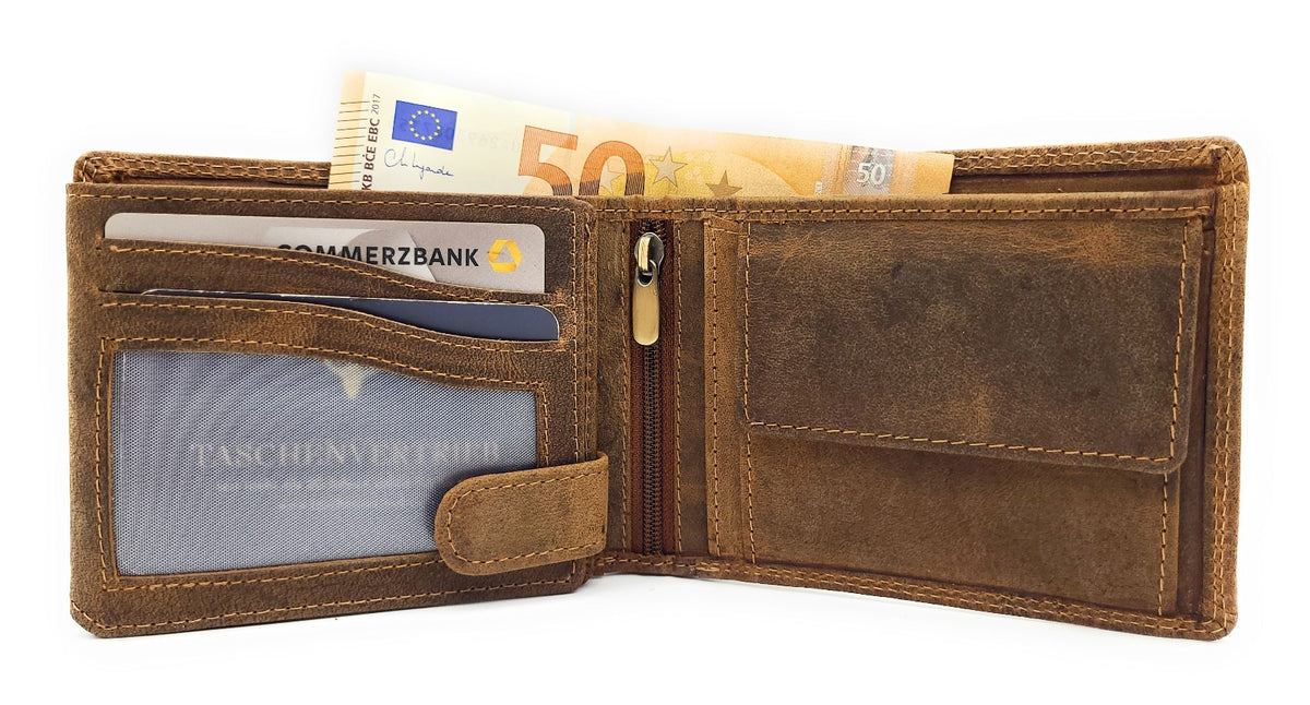 Lemasi Büffelleder Unisex Geldbörse mit Bulldoggen-Prägung - RFID Schutz - 16 Fächer - Hunterleder Querformat