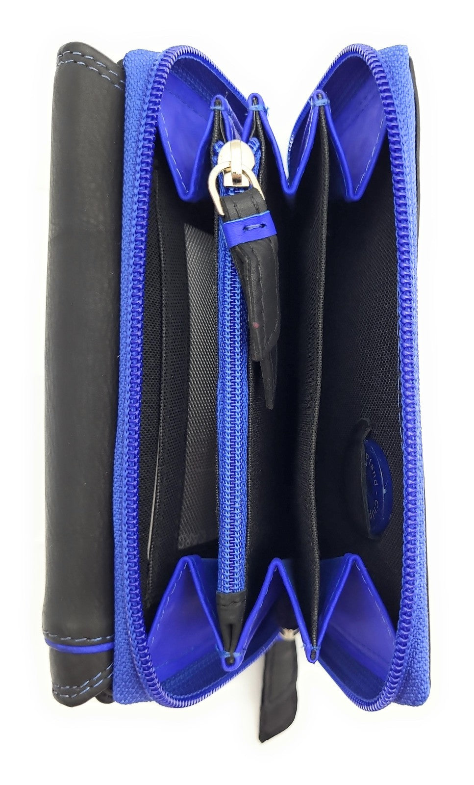 Jockey Club Geldbörse aus echtem Rindleder im Triangel-Design mit Druckknopf-Überschlag, RFID-Schutz, 9 Kartenfächern, Sichtfächern, Münzfach & Doppelnaht schwarz royalblau