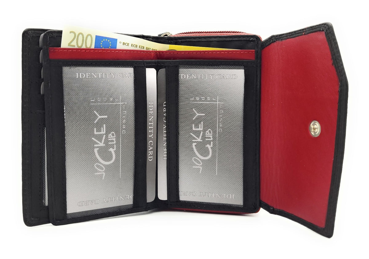 Jockey Club Geldbörse aus echtem Rindleder im Triangel-Design mit Druckknopf-Überschlag, RFID-Schutz, 9 Kartenfächern, Sichtfächern, Münzfach & Doppelnaht schwarz rot