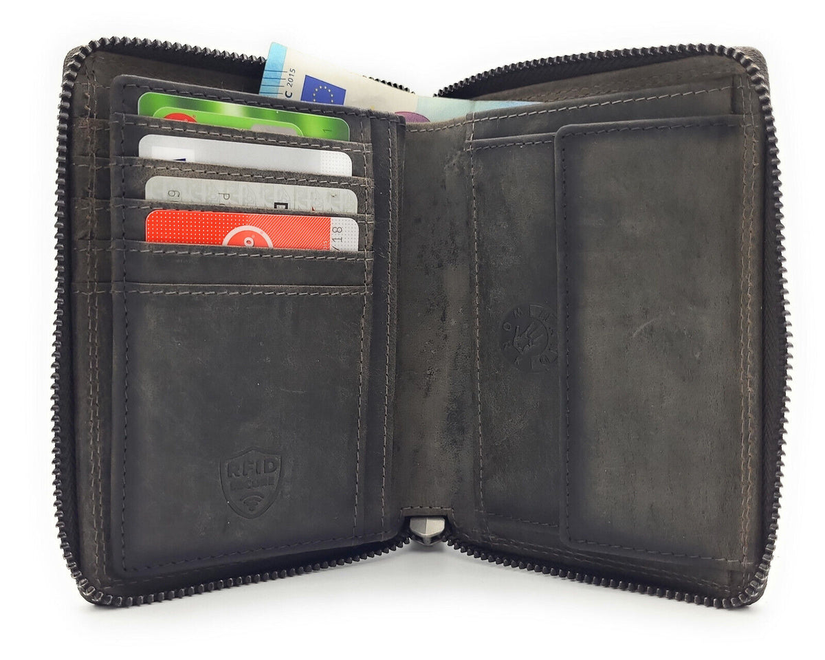 Jockey Club Leder Geldbörse mit RFID-Schutz – Büffelleder Vintage Grau