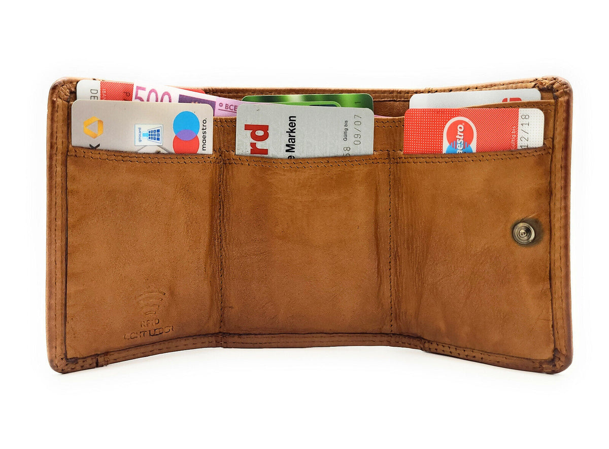 Hill Burry kleine echt Leder Damen Geldbörse Portemonnaie mit RFID Schutz Waschleder cognac