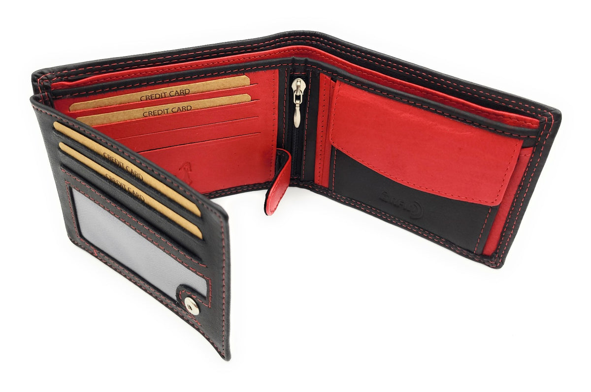 Jockey Club Basic Geldbörse aus Rindleder mit RFID-Schutz, Reißverschlussfach, 6 Kartenfächern, 2 Sicht- & 2 Einsteckfächern, Münzfach & Doppelnaht schwarz rot