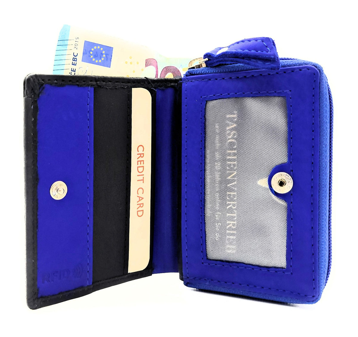 Jockey Club Mini-Geldbörse aus Leder mit RFID-Schutz & Pferde-Stickerei – kompakt & stilvoll schwarz royalblau