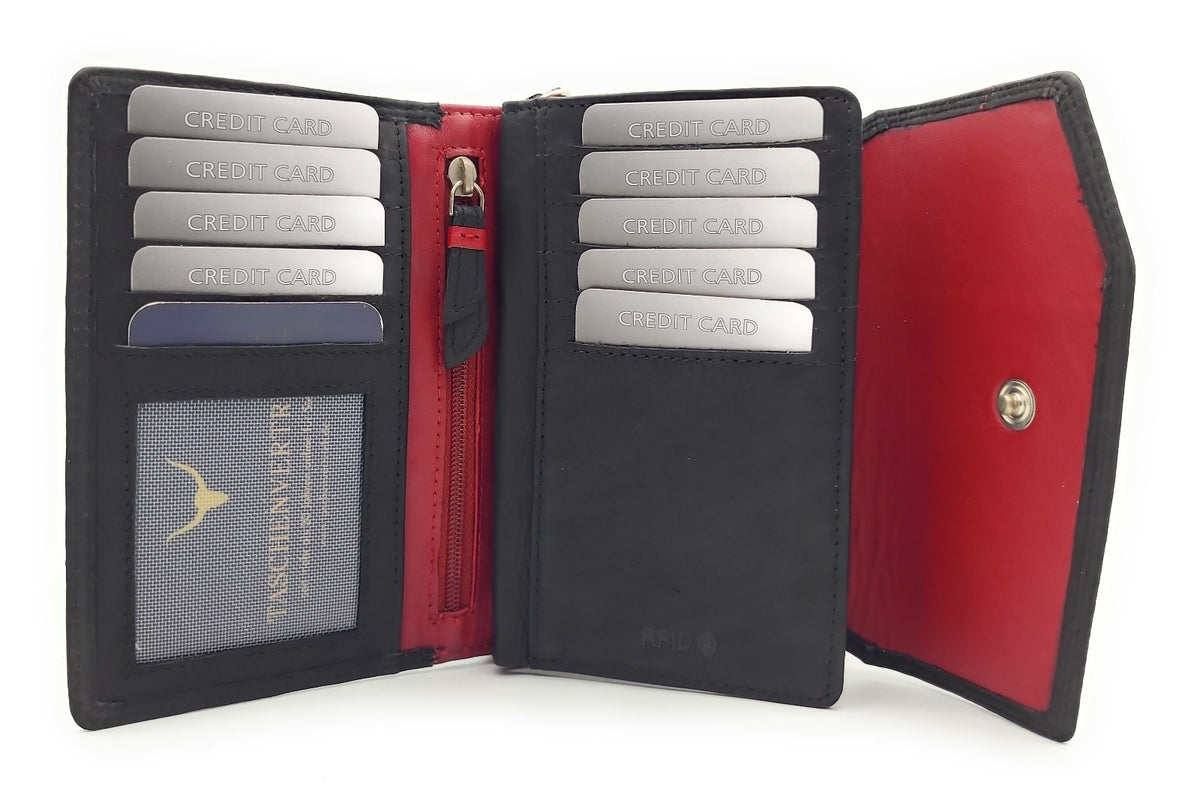Jockey Club Geldbörse aus echtem Rindleder im Triangel-Design mit Druckknopf-Überschlag, RFID-Schutz, 9 Kartenfächern, Sichtfächern, Münzfach & Doppelnaht schwarz rot