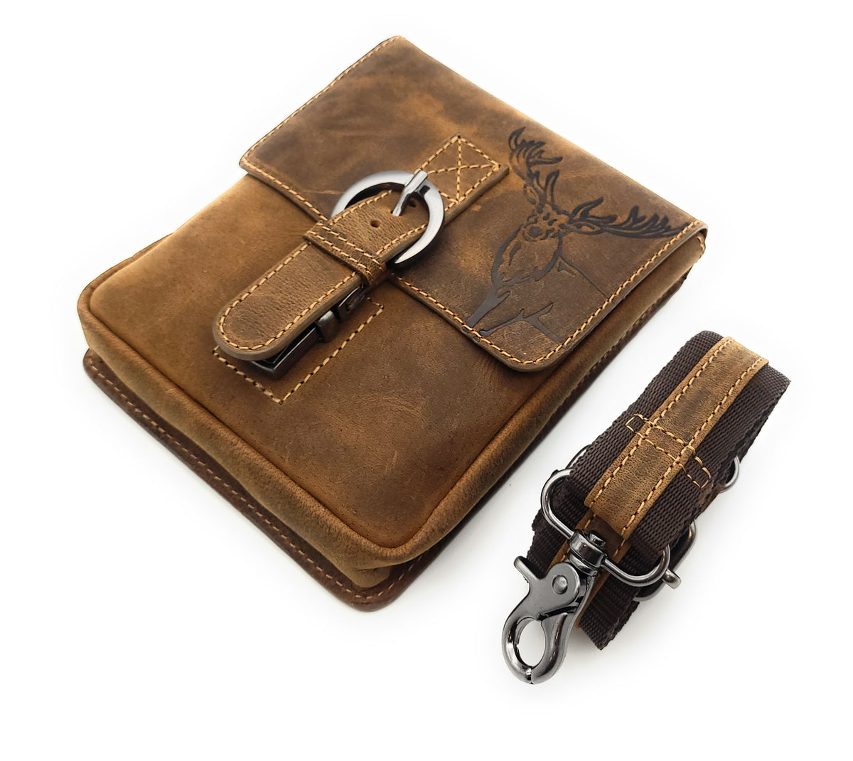 Braune Jockey Club Gürteltasche aus Hunterleder mit Hirschmotiv