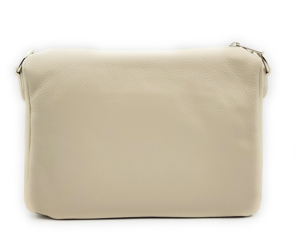 Kleine Handtasche aus echtem Leder – Made in Italy – mit 2 abnehmbaren Schultergurten & silbernen Details – Cremeweiß