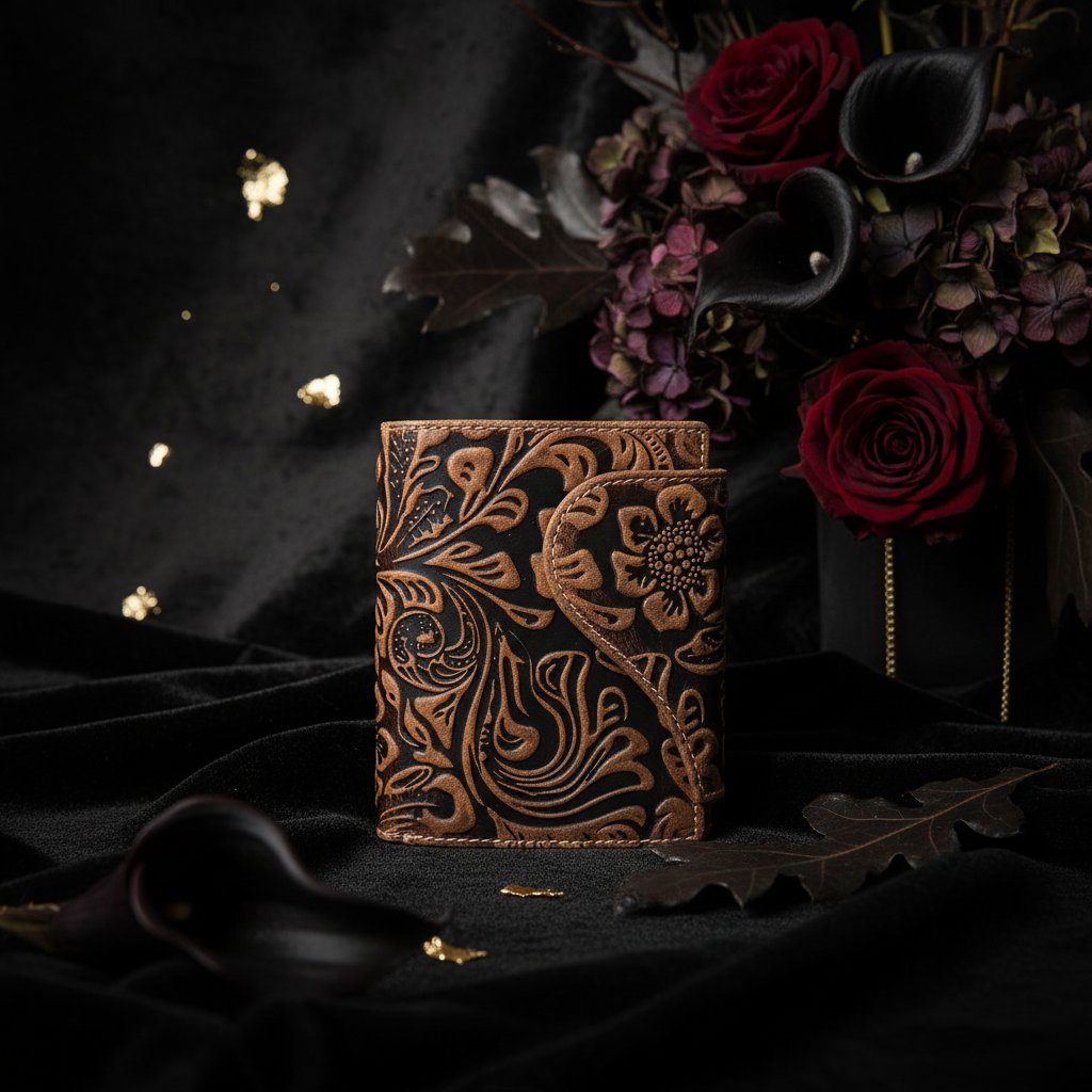 Jockey Club echt Leder Damen Geldbörse Portemonnaie geprägtes Vollrindleder floral mit RFID Schutz Liane cognac braun