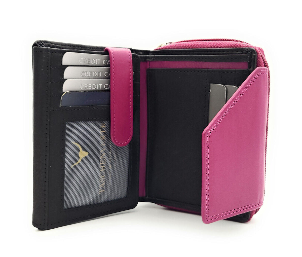 Jockey Club echt Leder Damen Geldbörse Portemonnaie Geldbeutel viele Fächer RFID Schutz schwarz pink berry