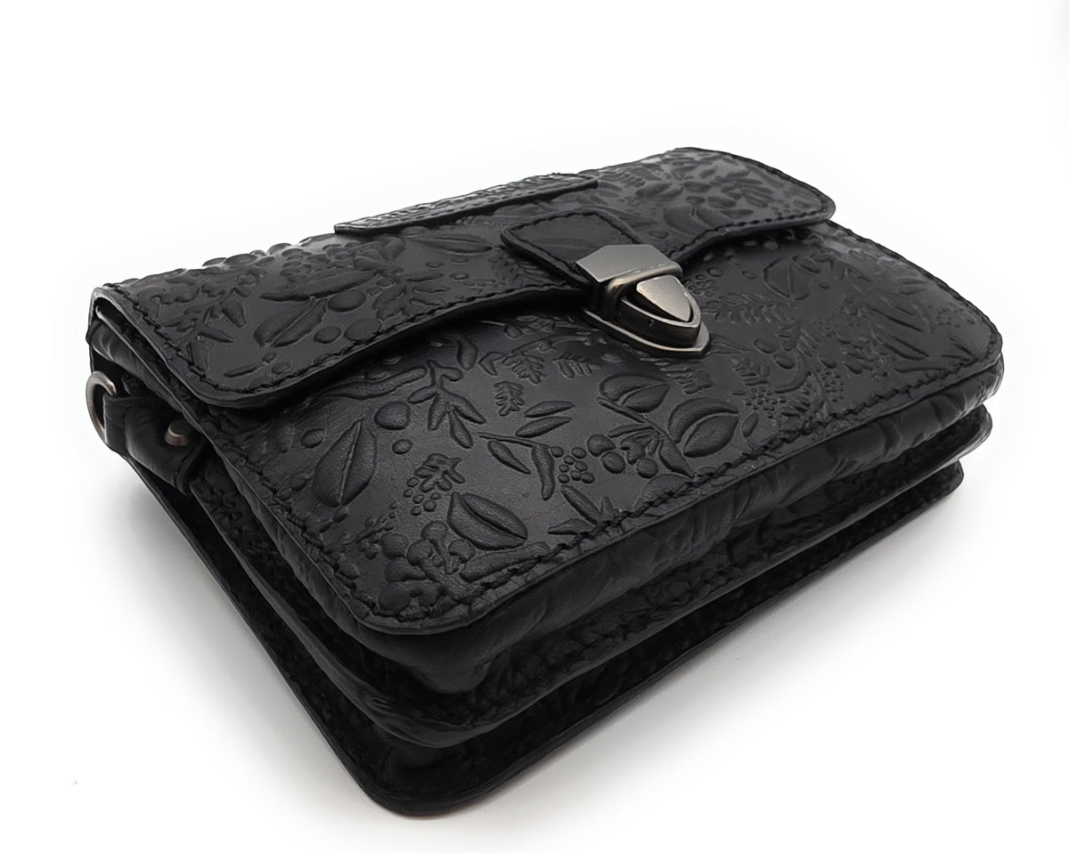 Hill Burry Damen Gürteltasche – Echtleder, floral geprägt, Schwarz