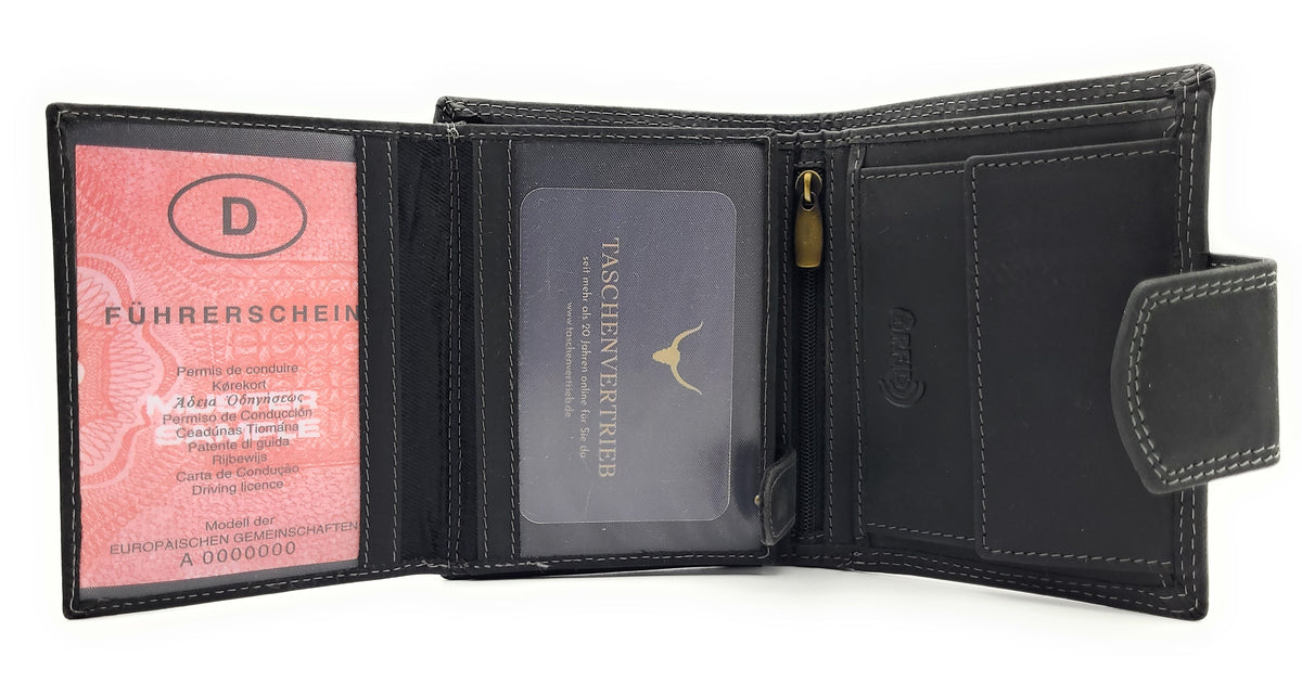 Jockey Club Büffel Voll-Leder Geldbörse mit RFID-Schutz & Außenriegel – Schwarzes Portemonnaie mit 10 Kartenfächern