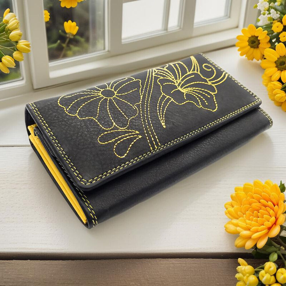 Jockey Club echt Leder Damen Geldbörse Portemonnaie mit RFID Schutz Flower gelb