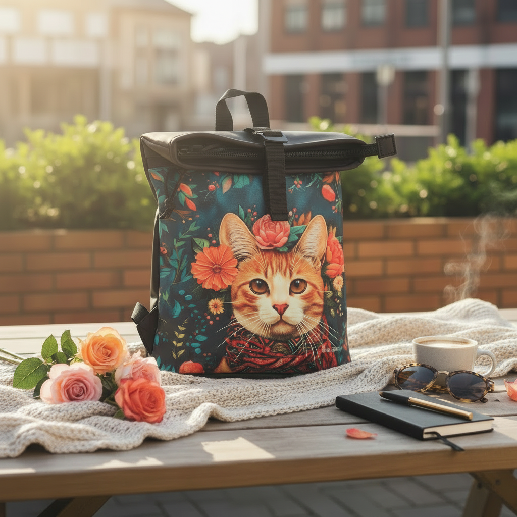 New Rebels Cityrucksack mit Katzenmotiv – Wasserabweisender Rolltop Rucksack für Damen & Herren – Stylischer Daypack mit Blumen-Design