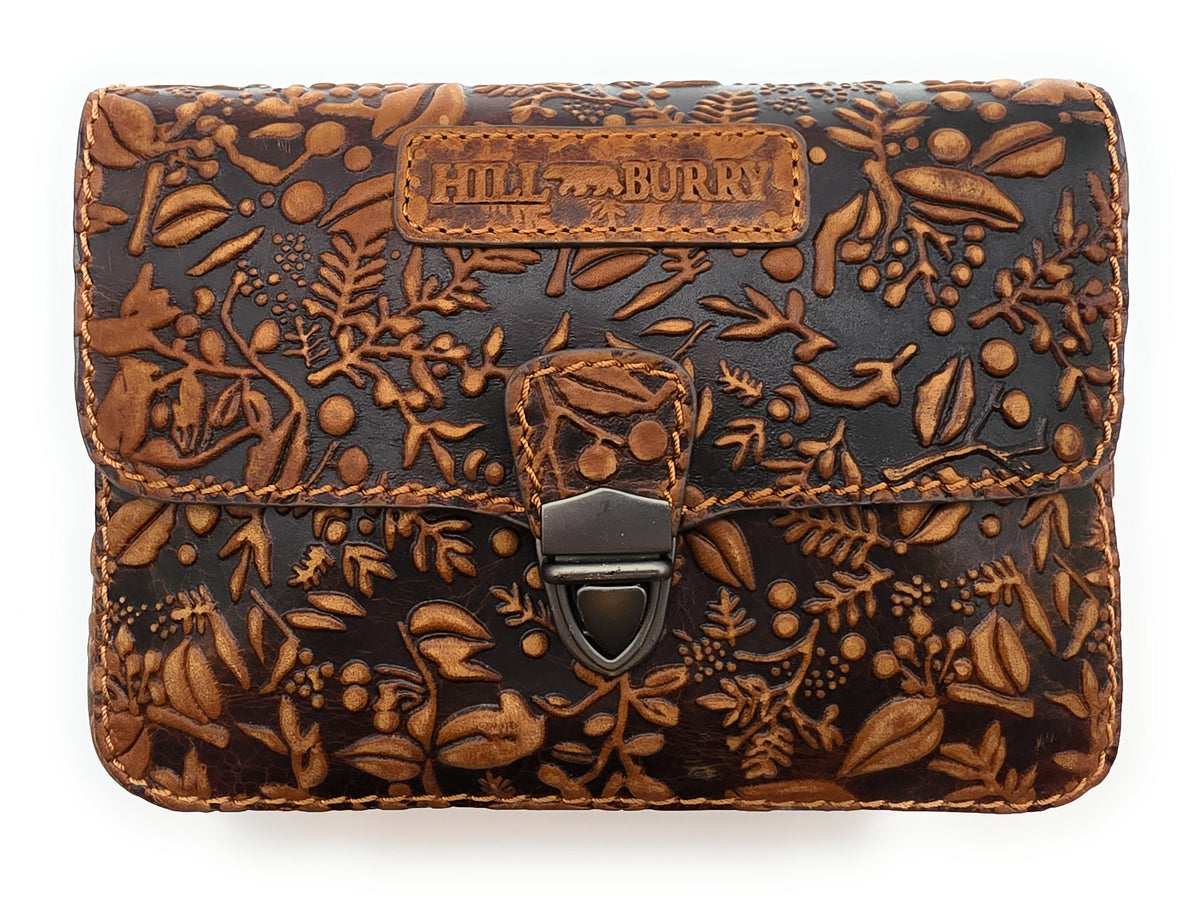 Hill Burry Damen Gürteltasche – Echtleder, floral geprägt, Braun