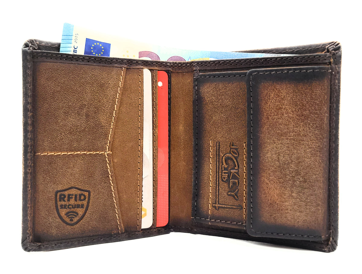 Jockey Club Rustikale Mini Leder Geldbörse Vintage Braun | Echt Hunterleder | Handgefertigt | RFID-Schutz | Kompakte Herrenbörse aus echtem Leder
