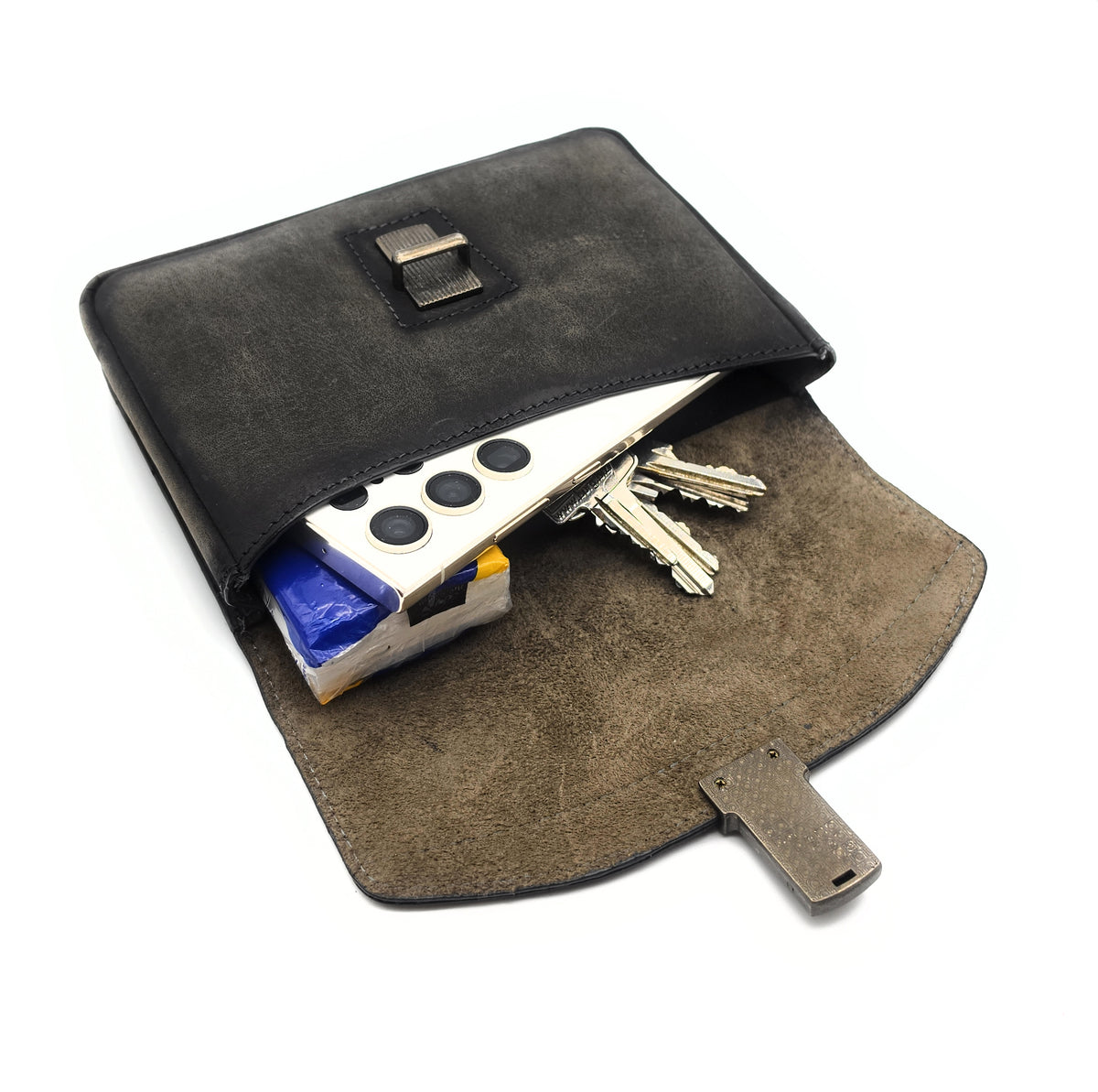 Graue Hunterleder Gürteltasche mit Überschlag und Steckschloss