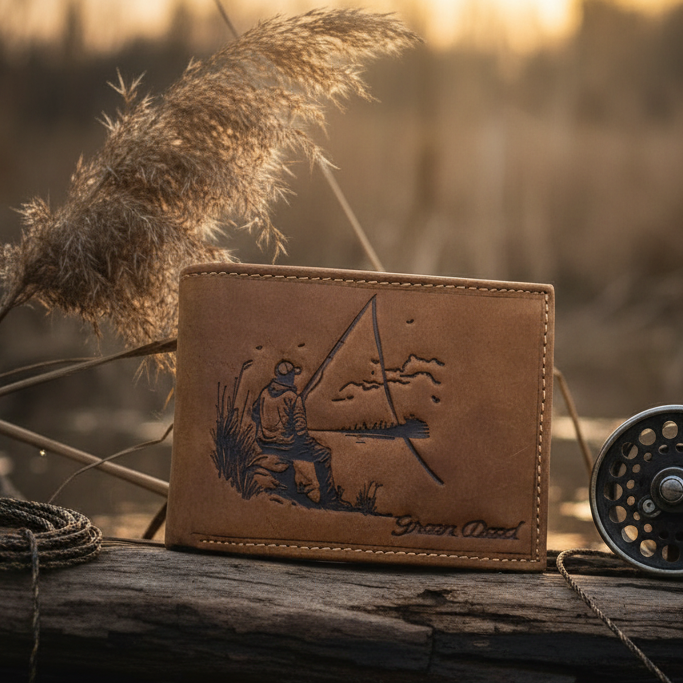 Green Deed Geldbörse aus Hunterleder – Dunkelbraun mit geprägtem Angler-Motiv & RFID-Schutz