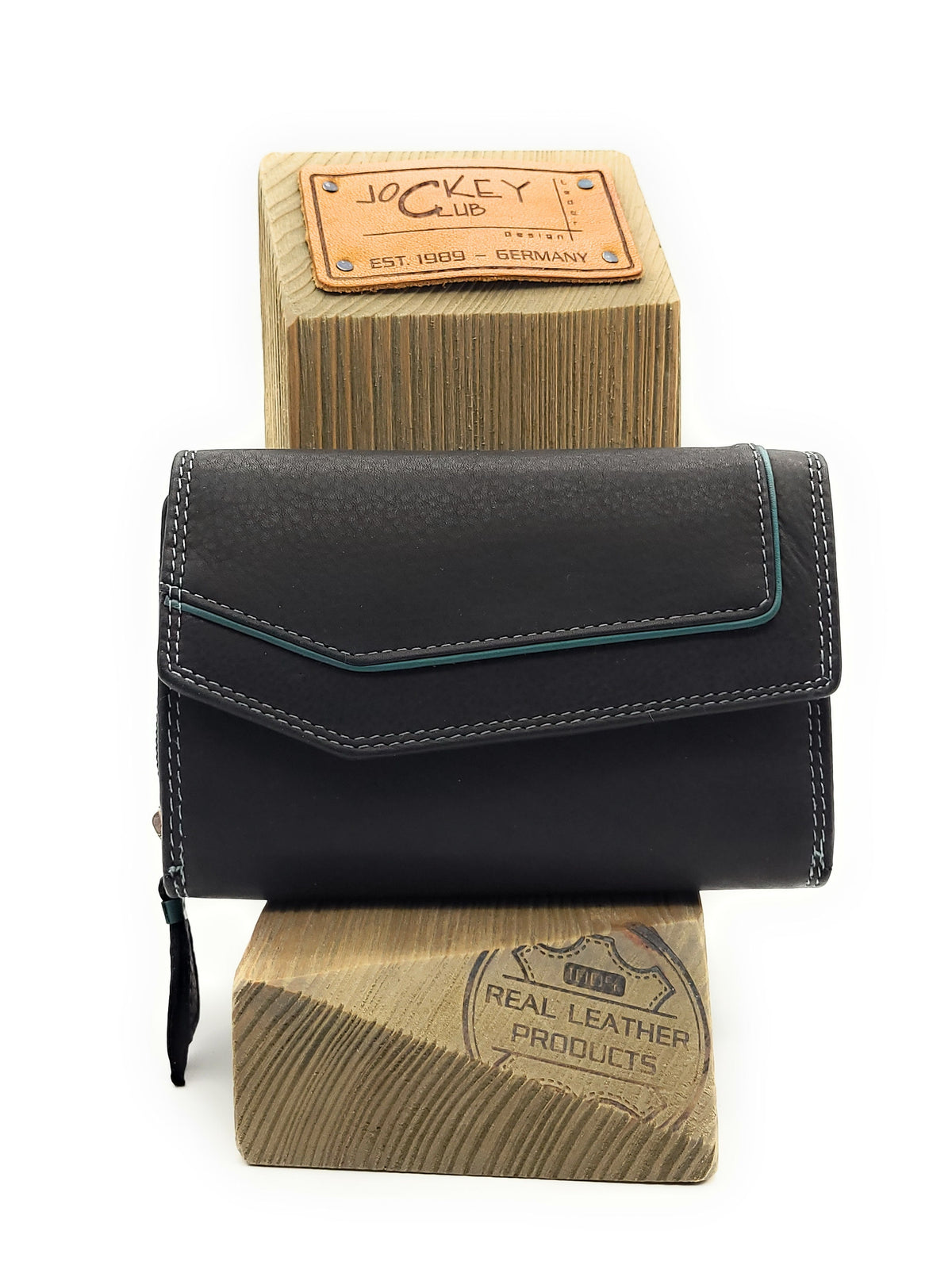 Jockey Club Leder-Geldbörse mit RFID-Schutz – Triangel-Design schwarz-petrol
