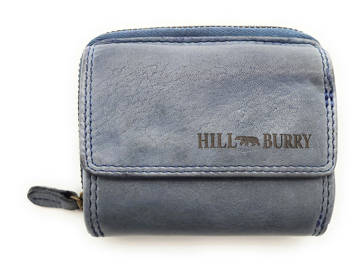 Hill Burry echt Leder Damen Mini Geldbörse Portemonnaie RFID Schutz Waschleder blau