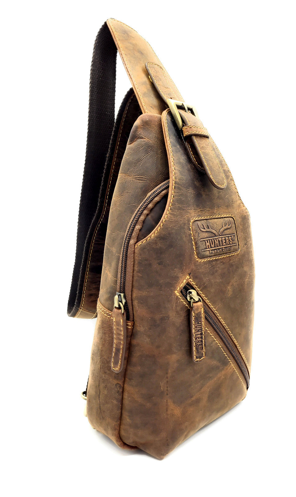 Crossbag / Slingbag aus echtem Hunterleder – Umhängetasche mit Reißverschlussfächern & verstellbarem Gurt, Vintage-Look, für Damen & Herren
