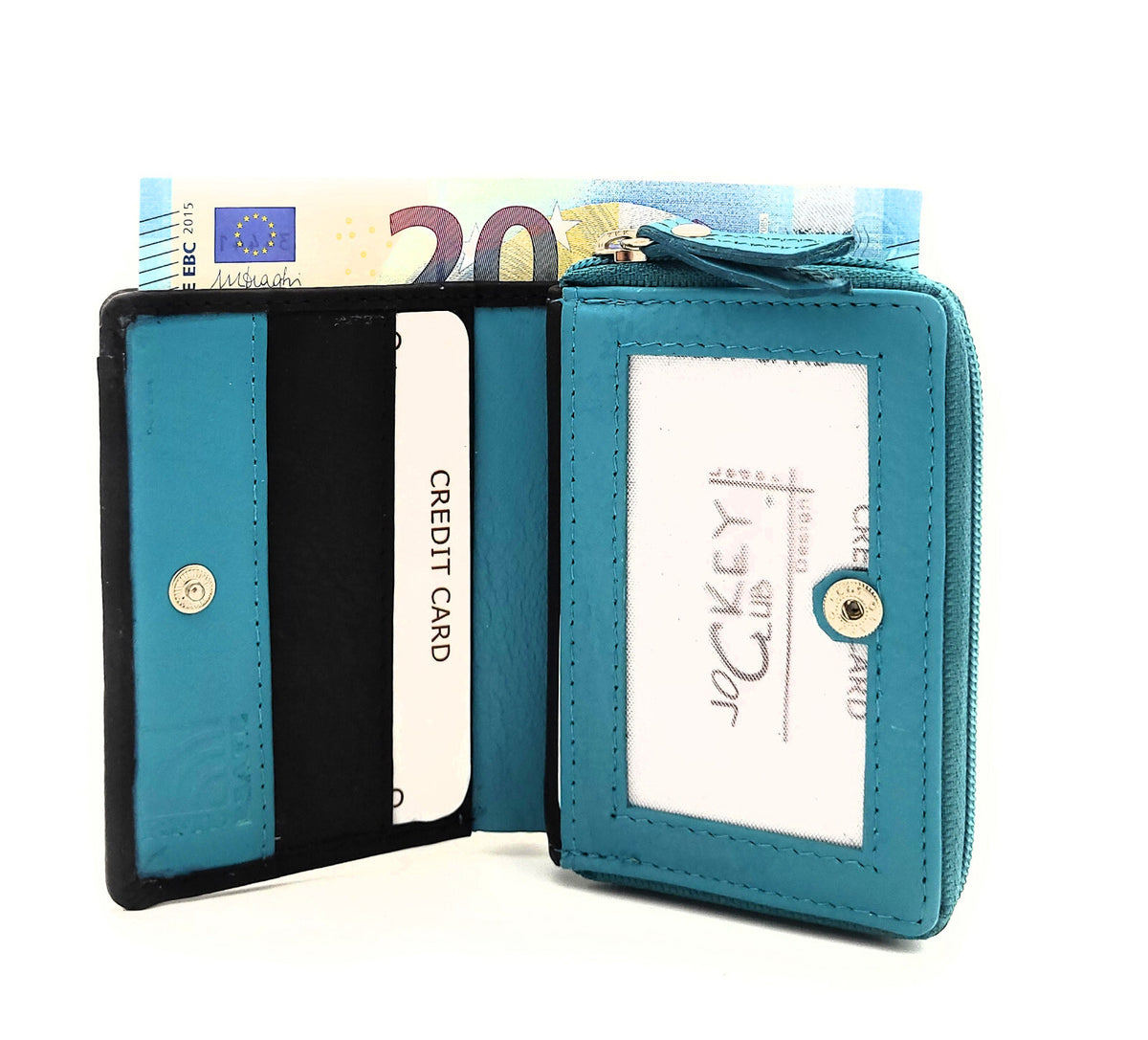 Jockey Club Mini-Geldbörse aus Leder mit RFID-Schutz & Pferde-Stickerei – kompakt & stilvoll schwarz türkis