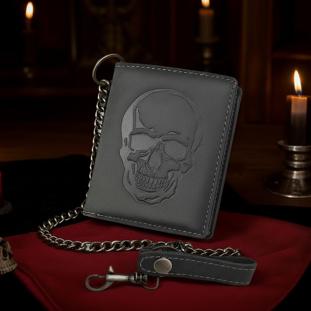 Jockey Club Biker-Geldbörse Hunterleder mit Totenkopf, Kette und RFID