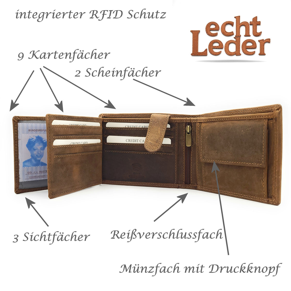 Echtleder-Geldbörse mit 3D-Adlerkopf-Prägung - Handgefertigt mit 9 Kartenfächern und 3 Sichtfächern