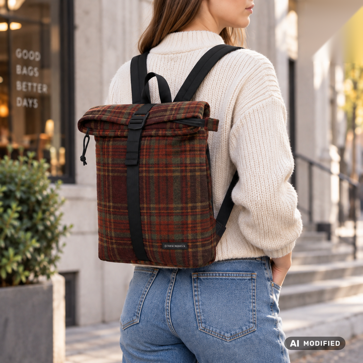 New Rebels Scott Roll Up Rolltop City Rucksack Los Angeles Flanell karo burgundy
