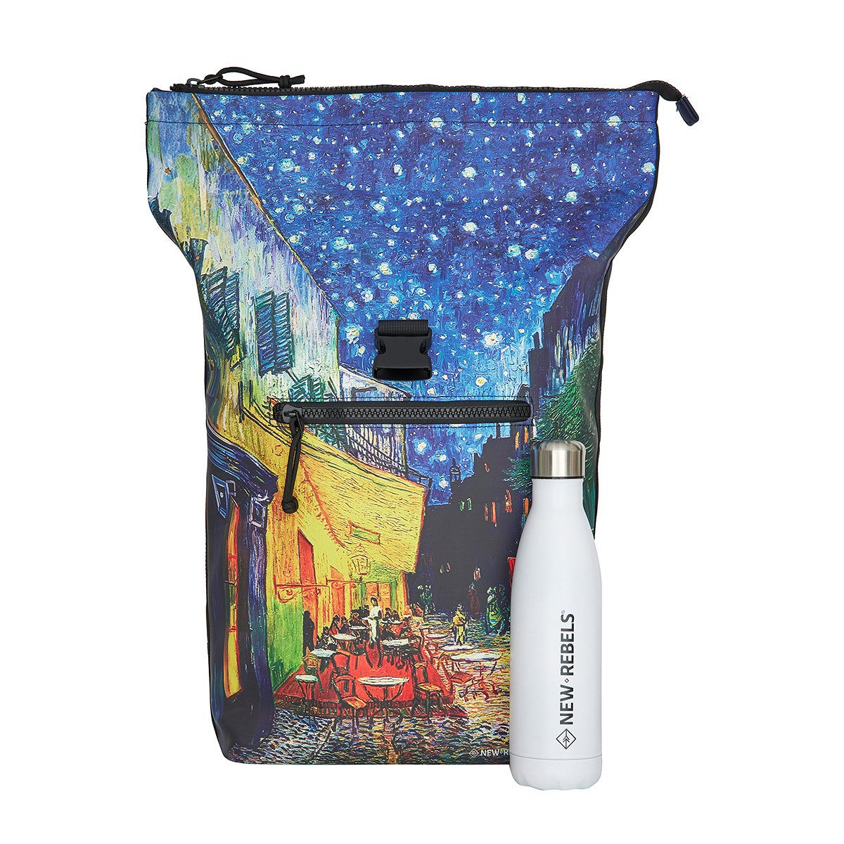 New Rebels New York Van Gogh Rucksack – Caféterrasse am Abend, Rolltop, wasserabweisend, 15" Laptopfach