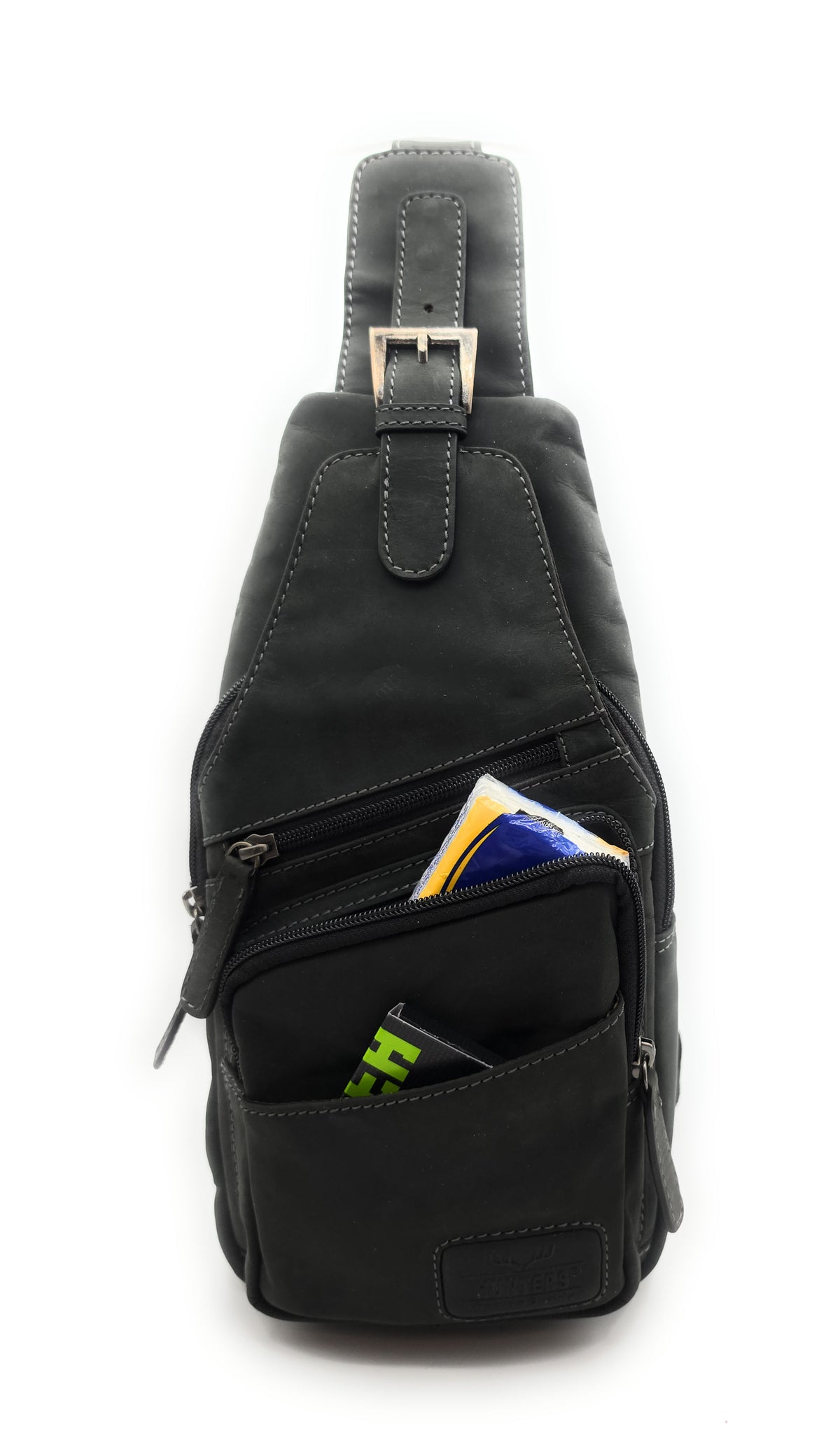 Hunters Crossbag Slingbag aus echtem Hunterleder – Vintage-Umhängetasche mit Platz für 0,33L Wasserflasche & Tablet