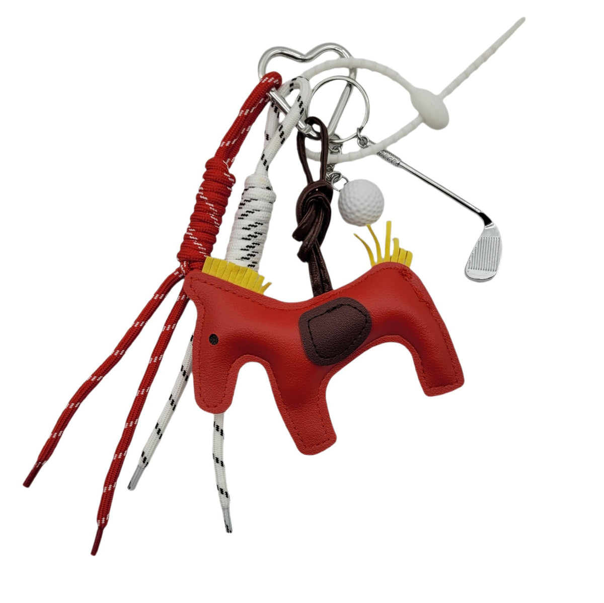Handtaschen-Anhänger Charm Pferd Golfschäger Golfball 25cm Geflochtene Kordeln Rot Braun