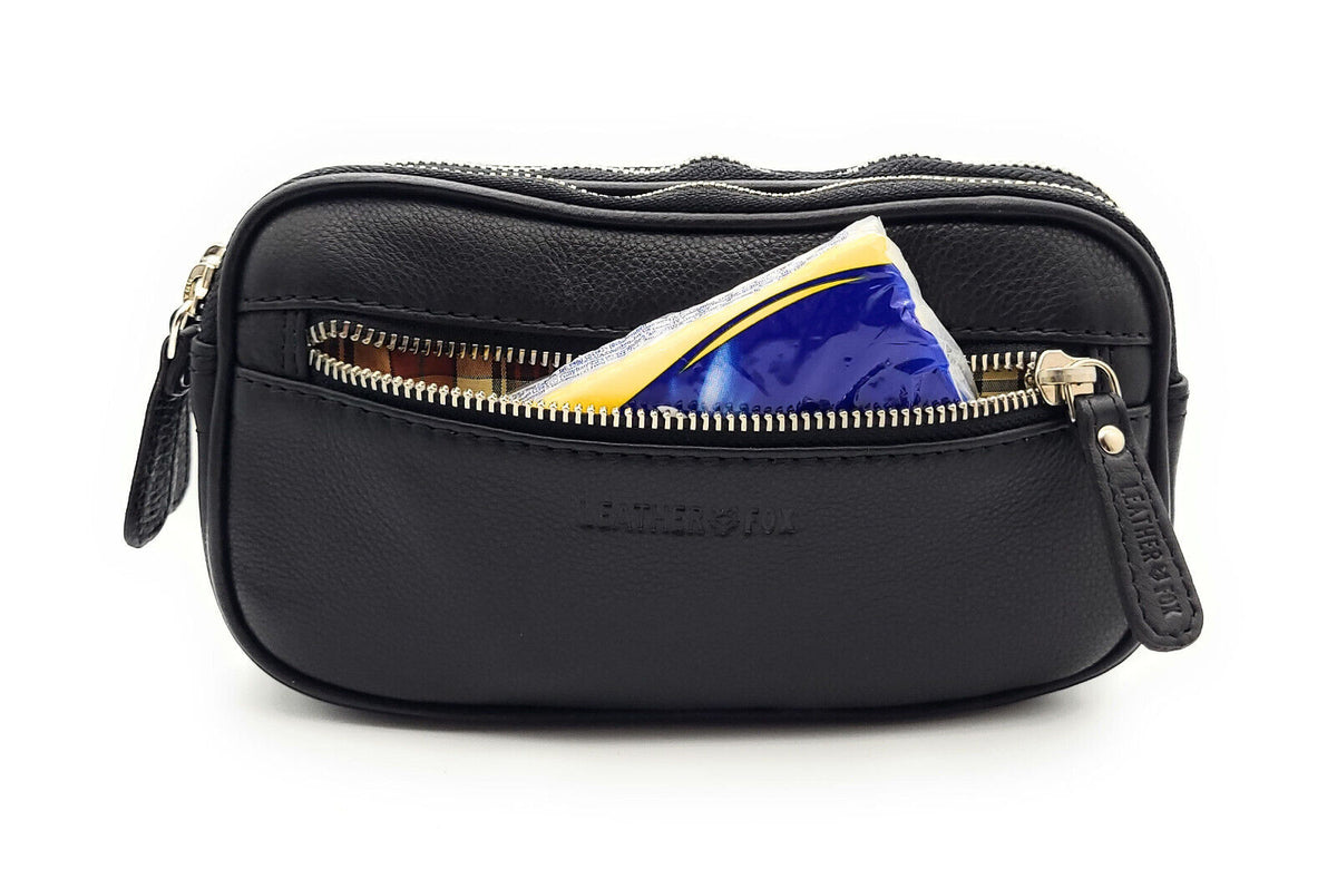 Gürteltasche Leder XXL mit 2 Hauptfächern | Bauchtasche Nappaleder Schwarz | Hüfttasche Echtleder 21cm