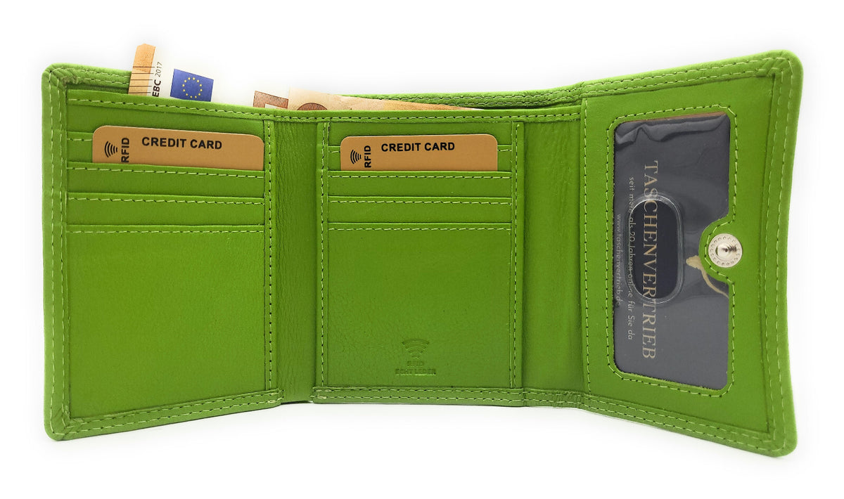 Lemasi Damen Geldbörse Nappaleder Limette – RFID Schutz, 8 Kartenfächer, Druckknopf