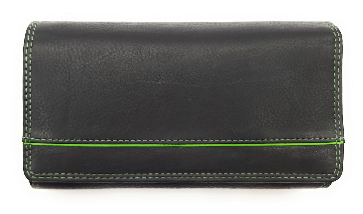 Jockey Club Echt Leder Damen Geldbörse RFID Schutz – Portemonnaie Bicolor Schwarz/Grün – Viele Fächer, Druckknopf, Reißverschluss, großes Münzfach