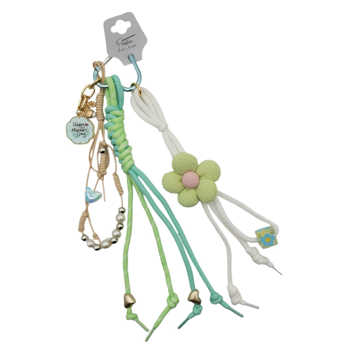 Handtaschen-Anhänger Charm Blume 25cm Geflochtene Kordeln Grün Mint