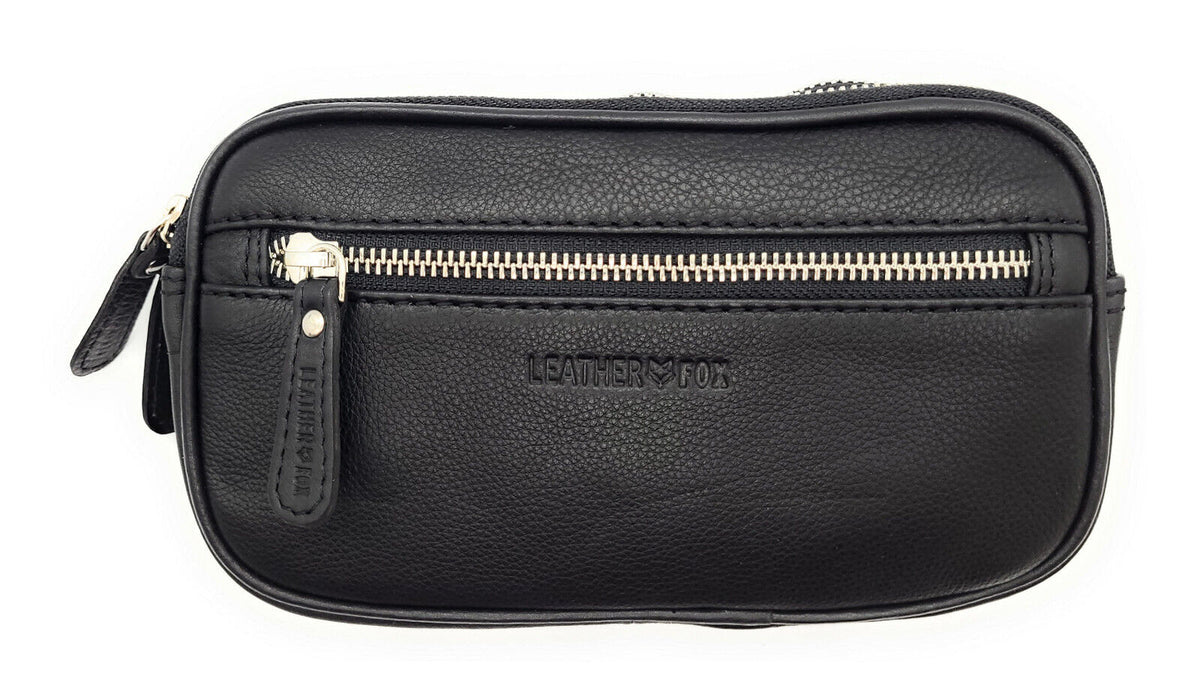 Gürteltasche Leder XXL mit 2 Hauptfächern | Bauchtasche Nappaleder Schwarz | Hüfttasche Echtleder 21cm